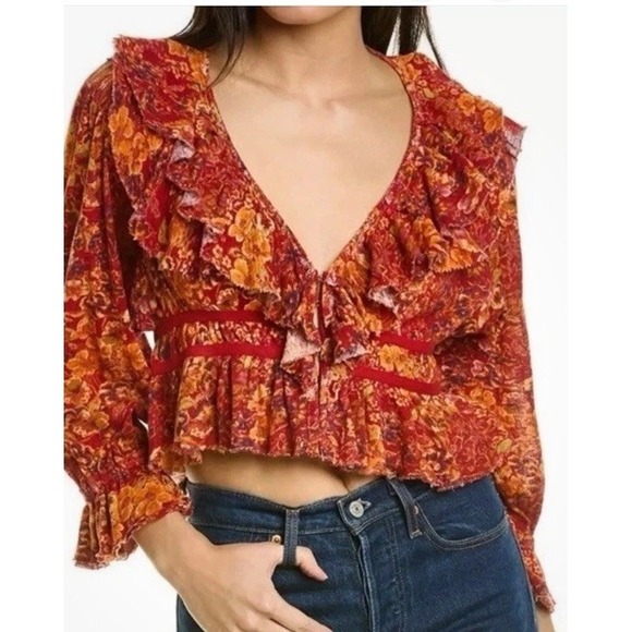 Free People Tops - Free People Red Orange Floral Rudi Ruffle Cropped Long Sleeve Top